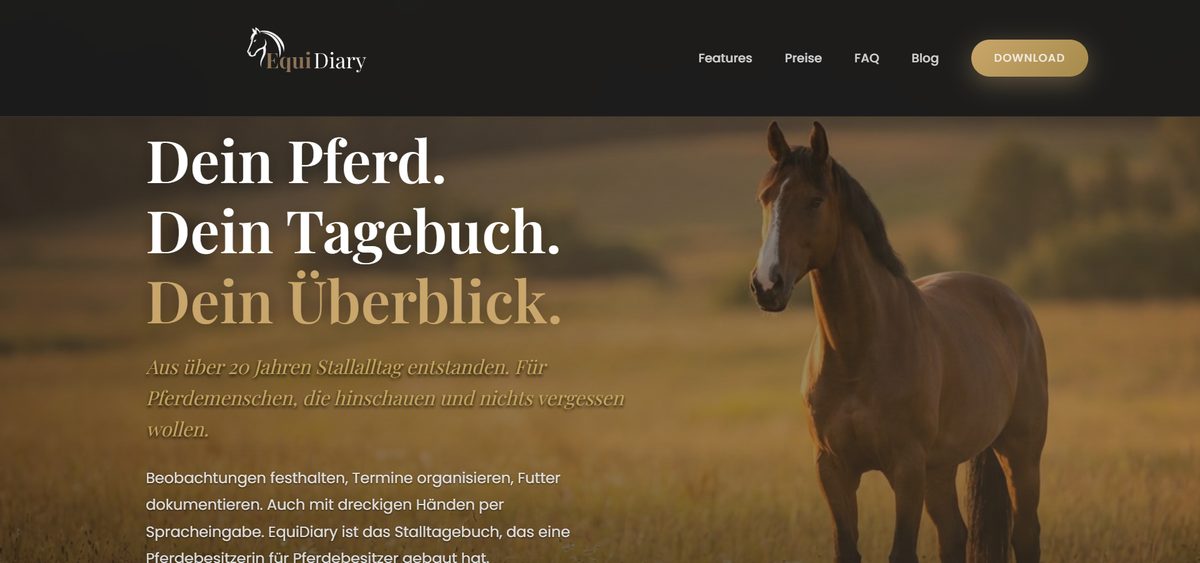 Website-Referenz EquiDiary, Landingpage der Pferde-App