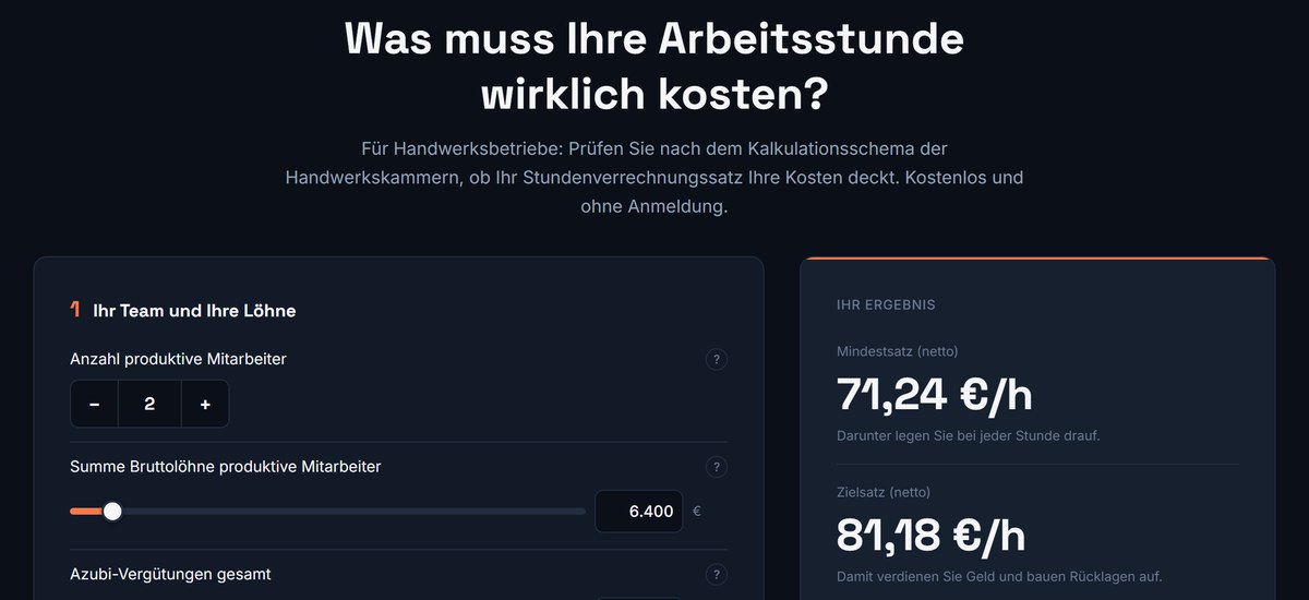 Web-Anwendung Stundensatz-Rechner f&uuml;r Handwerksbetriebe